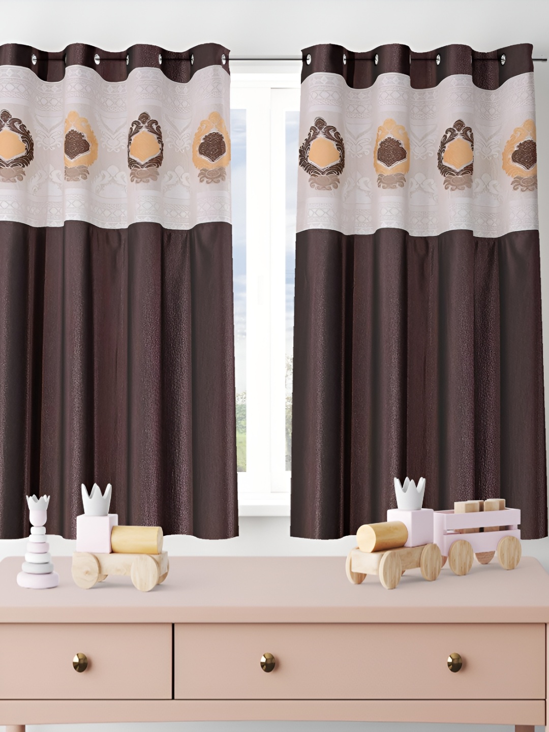 Galaxy Home Decor Brown Set of 3 Floral Room Darkening Long Door Curtain
