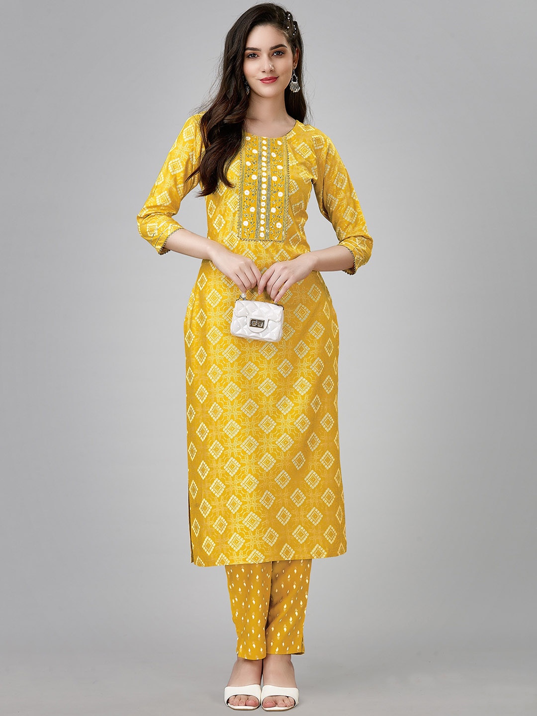 ksevencreation Women Bandhani Embroidered Regular Sequinned Kurta with Churidar, Yellow
ksevencreation Women Bandhani Embroidered Regular Sequinned Kurta with Churidar, Yellow