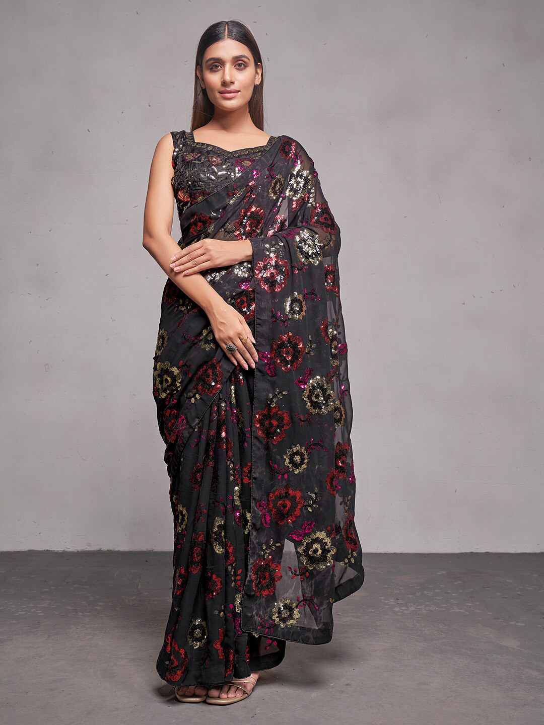 Ishin Floral Sequinned Pure Georgette Saree, Black
Ishin Floral Sequinned Pure Georgette Saree, Black