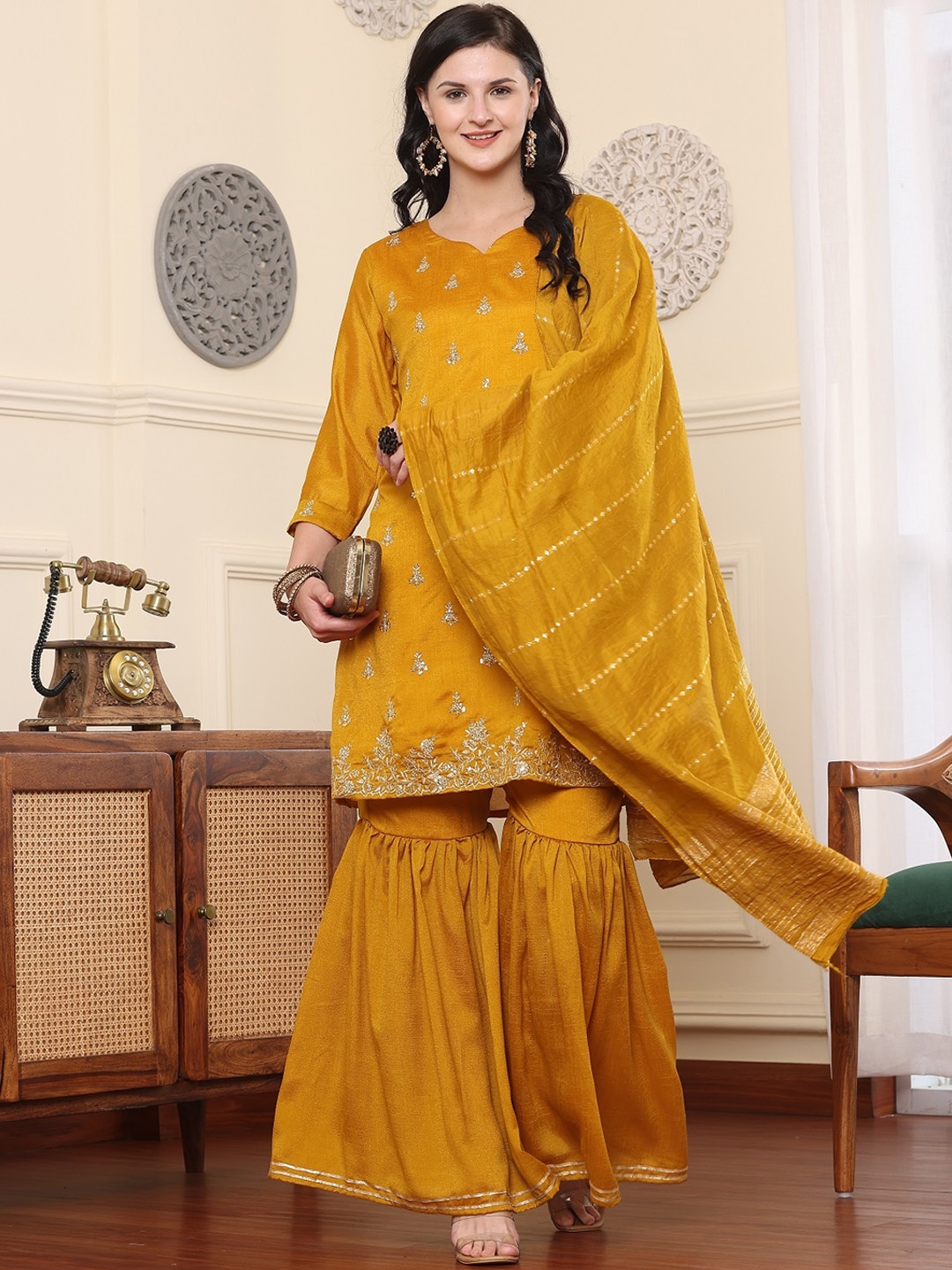 SmartRAHO Women Floral Embroidered Regular Sequinned Pure Silk Kurta with Sharara & With Dupatta, Mustard
SmartRAHO Women Floral Embroidered Regular Sequinned Pure Silk Kurta with Sharara & With Dupatta, Mustard