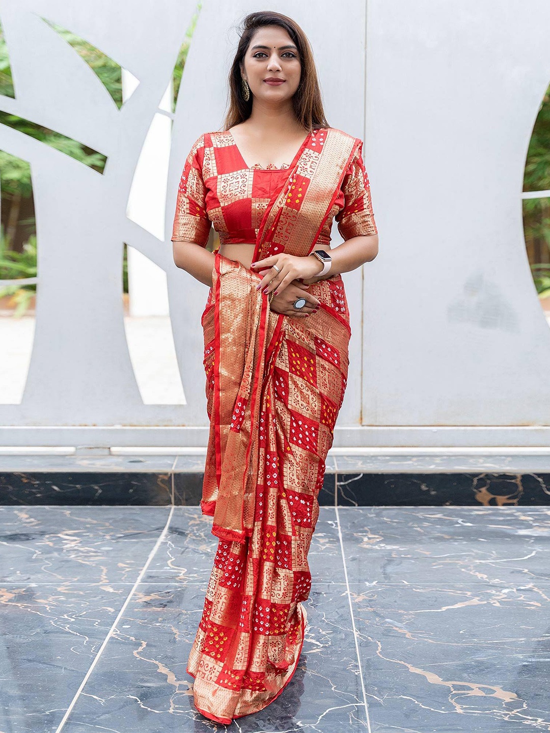 Glorisa Geometric Woven Design Zari Pure Silk Mysore Silk Saree, Red