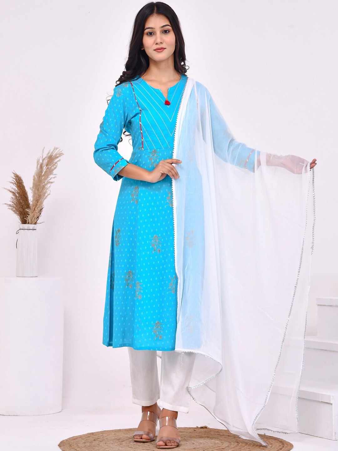 Aspriya Floral Embroidered Empire Thread Work Straight Kurta With Trousers & Dupatta, Blue
Aspriya Floral Embroidered Empire Thread Work Straight Kurta With Trousers & Dupatta, Blue
