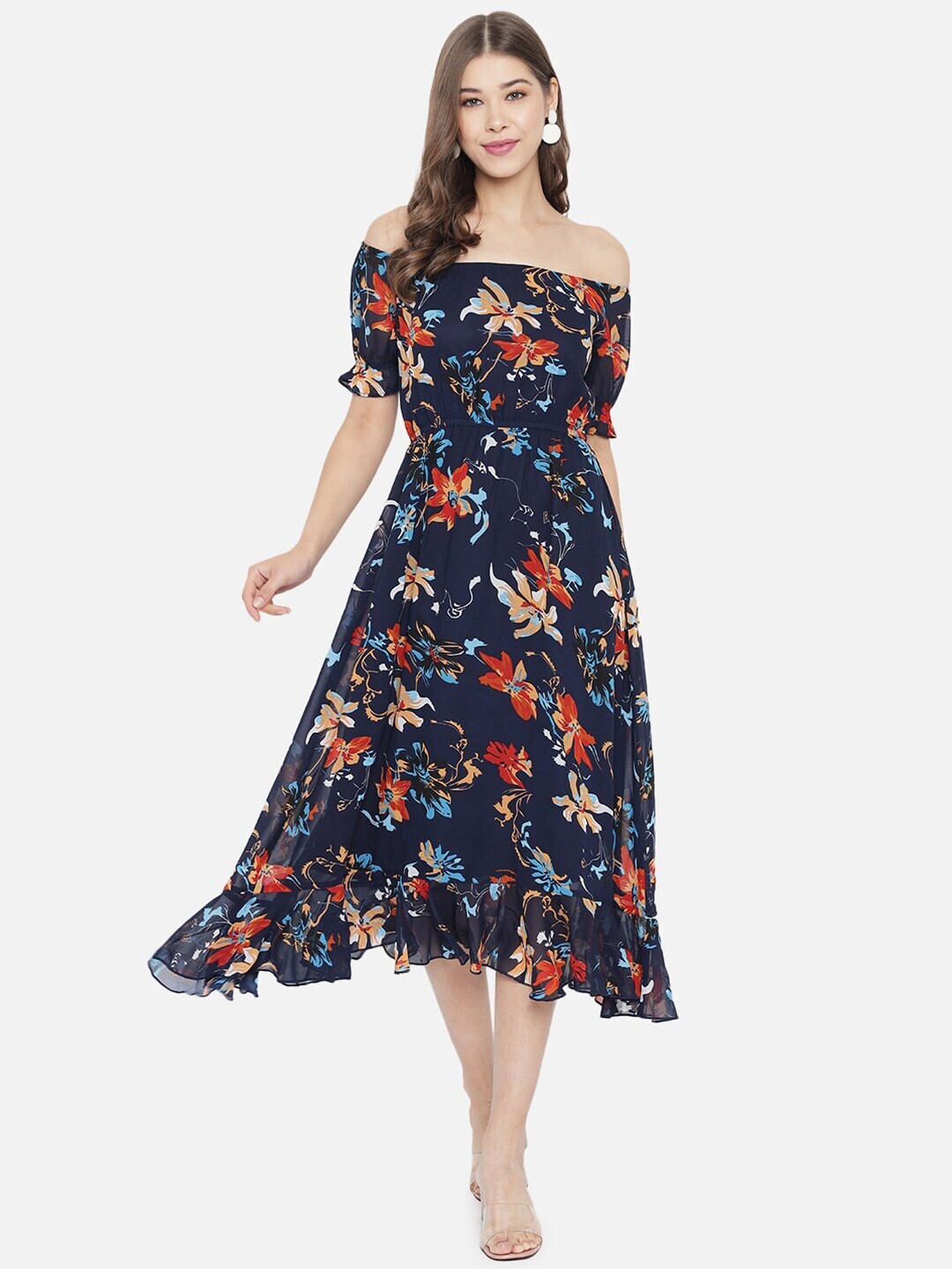 Slenor Floral Print Off-Shoulder Puff Sleeve Georgette Fit & Flare Midi Dress, Navy blue
Slenor Floral Print Off-Shoulder Puff Sleeve Georgette Fit & Flare Midi Dress, Navy blue