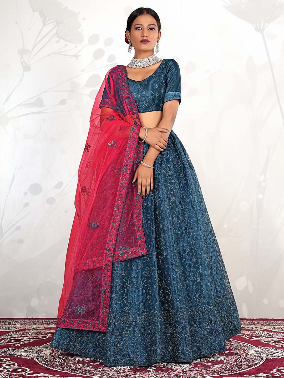 HALFSAREE STUDIO Floral Embroidered Semi-Stitched Lehenga & Unstitched Blouse With Dupatta, Teal
HALFSAREE STUDIO Floral Embroidered Semi-Stitched Lehenga & Unstitched Blouse With Dupatta, Teal