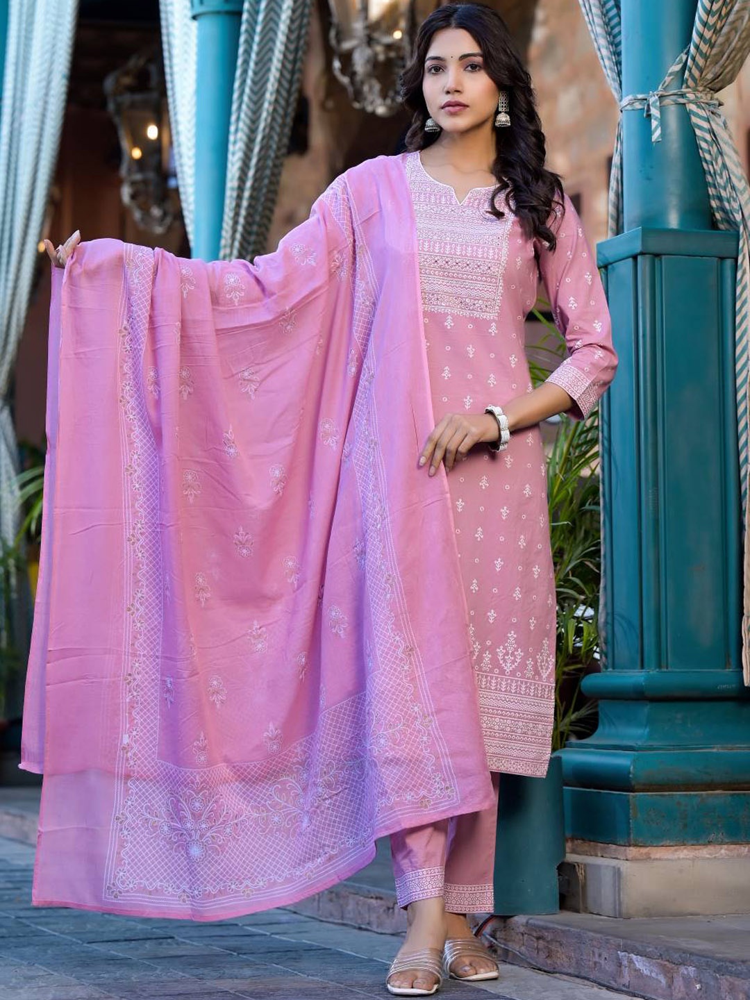 Varanga Ethnic Motifs Printed Mirror Work Pure Cotton Kurta With Trouser & Dupatta, Pink
Varanga Ethnic Motifs Printed Mirror Work Pure Cotton Kurta With Trouser & Dupatta, Pink