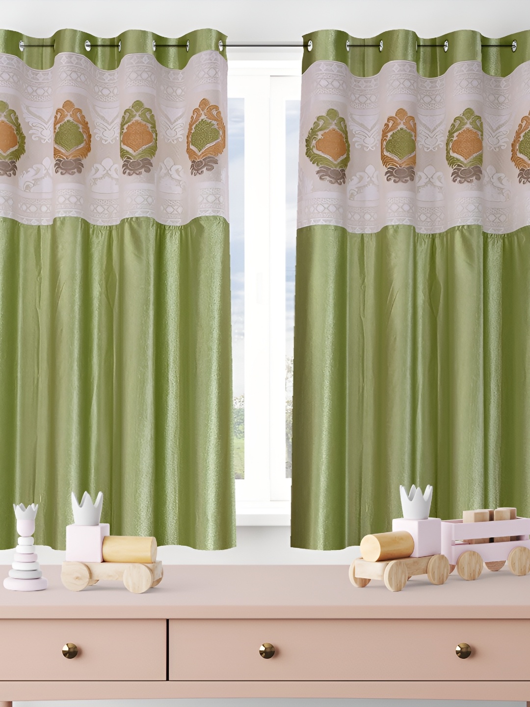Galaxy Home Decor Green Floral Room Darkening Long Door Curtain