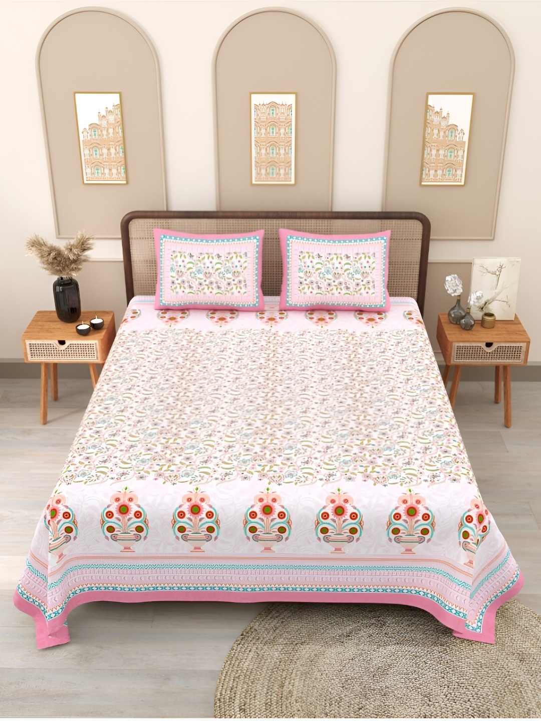 Block Print Story White Ethnic 210 TC Cotton Fitted Queen Bedsheet with 2 Pillow Covers, Pink
Block Print Story White Ethnic 210 TC Cotton Fitted Queen Bedsheet with 2 Pillow Covers, Pink