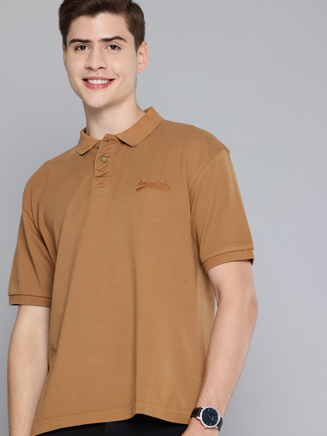 Aeropostale Polo Collar Pure Cotton T-shirt, Brown 
Aeropostale Polo Collar Pure Cotton T-shirt, Brown