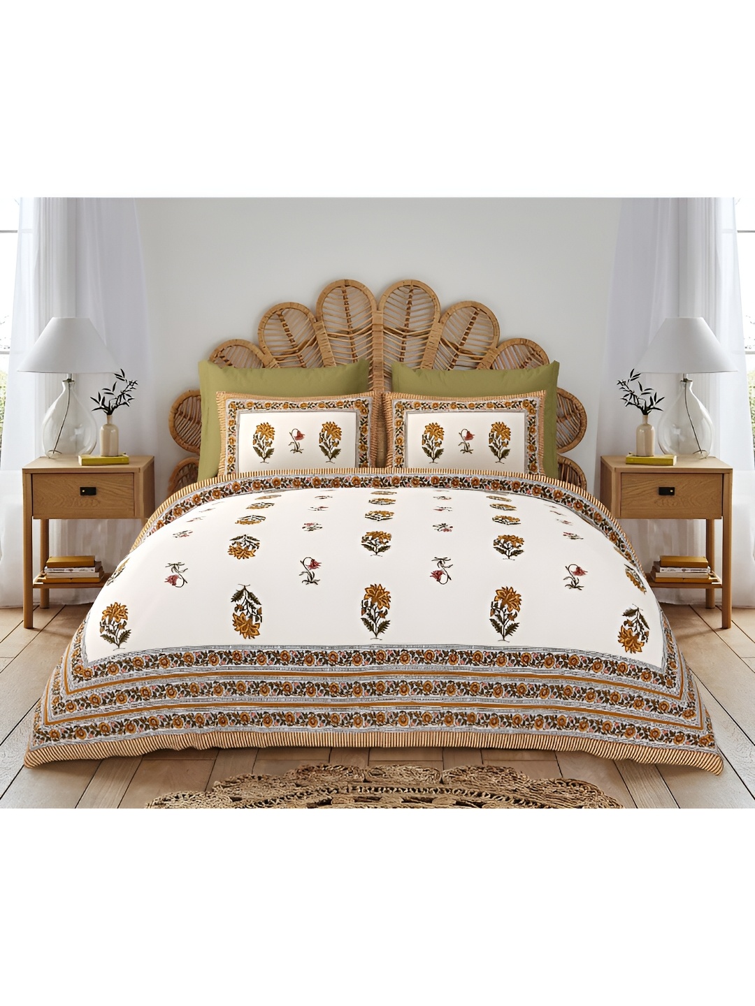 Block Print Story Off White Floral 210 TC Cotton King Bedsheet with 2 Pillow Covers, Yellow
Block Print Story Off White Floral 210 TC Cotton King Bedsheet with 2 Pillow Covers, Yellow