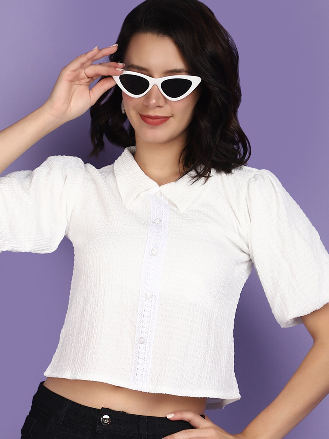V-Mart Shirt Collar Puff Sleeves Chiffon Self Design Cotton Shirt Style Crop Top, Off white
V-Mart Shirt Collar Puff Sleeves Chiffon Self Design Cotton Shirt Style Crop Top, Off white