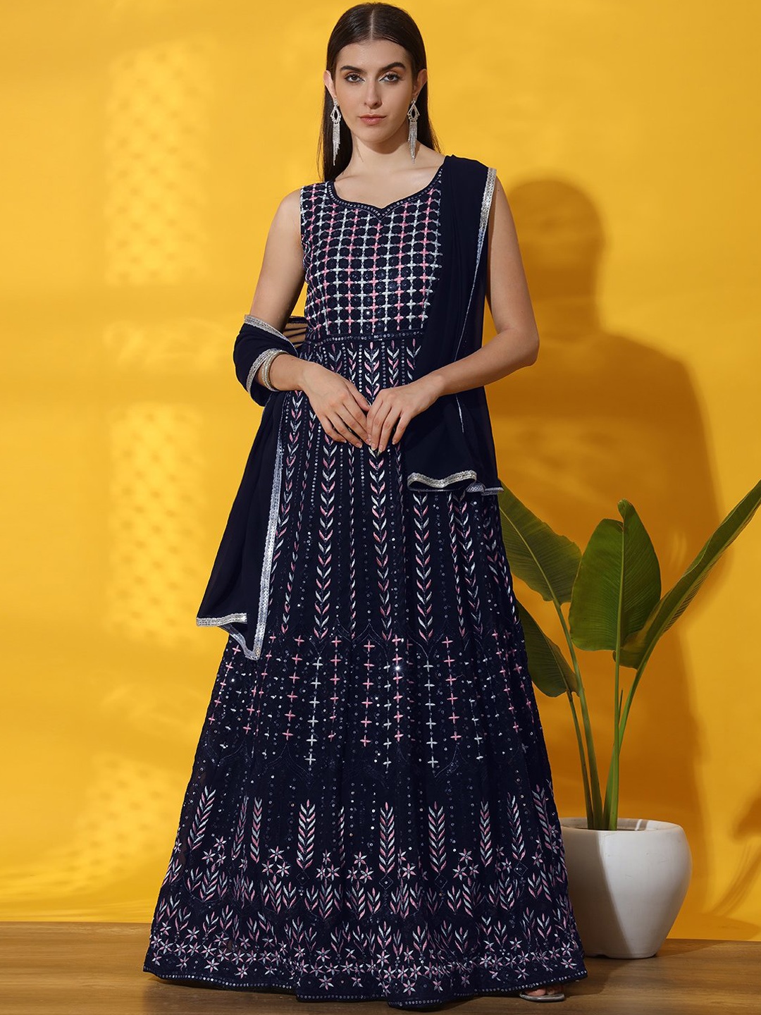 Chhabra 555 Embroidered V-Neck Georgette Fit and Flare Maxi Ethnic Dress With Dupatta, Navy blue
Chhabra 555 Embroidered V-Neck Georgette Fit and Flare Maxi Ethnic Dress With Dupatta, Navy blue