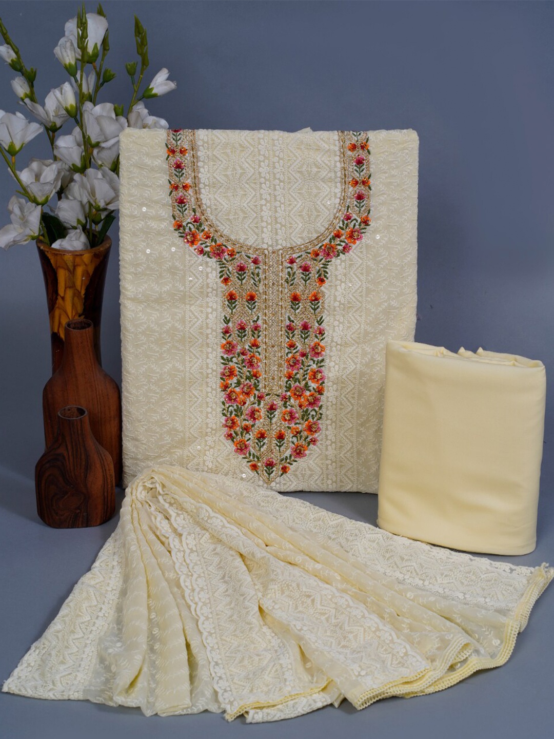 KALINI Floral Embroidered Sequinned Pure Cotton Unstitched Dress Material, Yellow
KALINI Floral Embroidered Sequinned Pure Cotton Unstitched Dress Material, Yellow