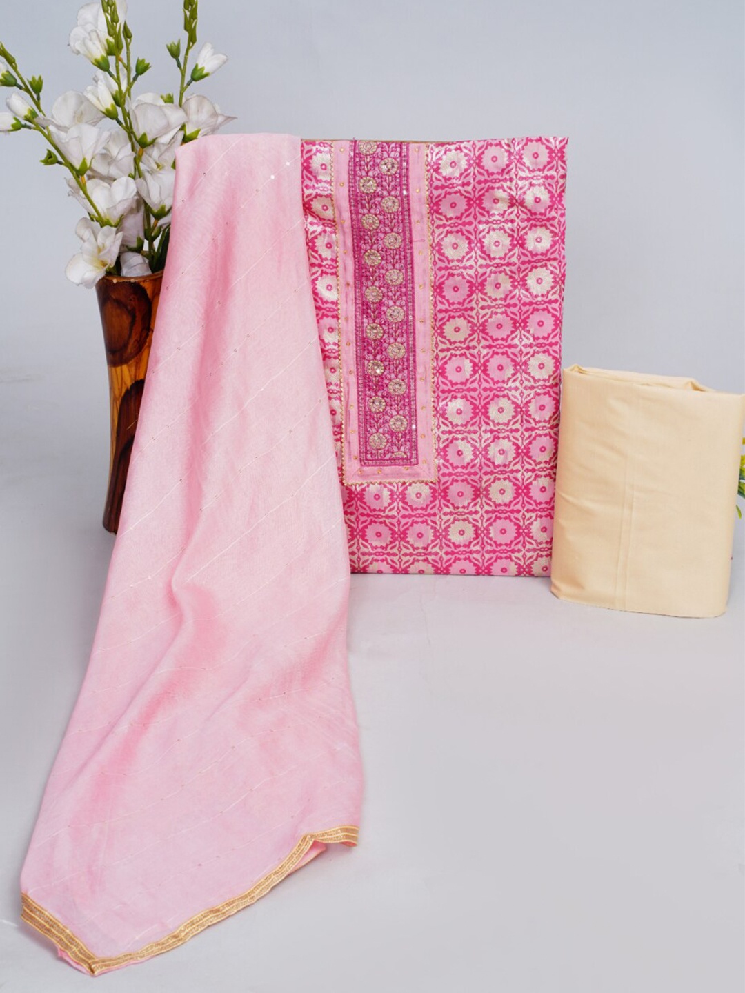 KALINI Ethnic Motifs Woven Design Gotta Patti Chanderi Silk Unstitched Dress Material, Pink
KALINI Ethnic Motifs Woven Design Gotta Patti Chanderi Silk Unstitched Dress Material, Pink