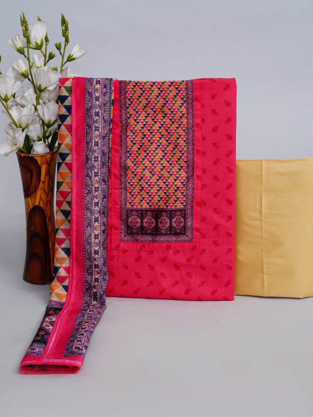 KALINI Ethnic Motifs Printed Pure Cotton Unstitched Dress Material, Pink