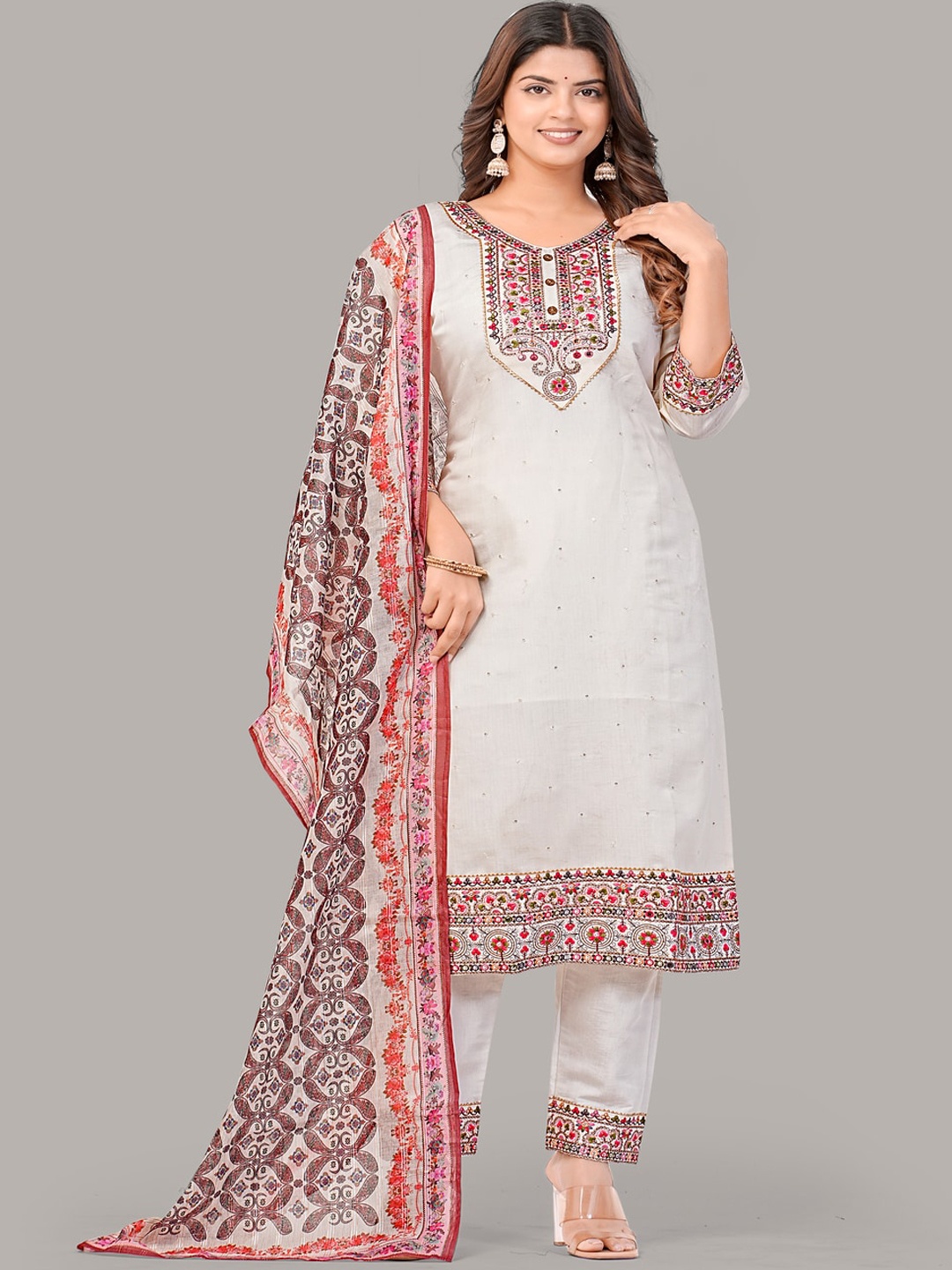 DARIAN Floral Printed V-Neck Pure Cotton Straight Kurta with Trousers & Dupatta, White
DARIAN Floral Printed V-Neck Pure Cotton Straight Kurta with Trousers & Dupatta, White