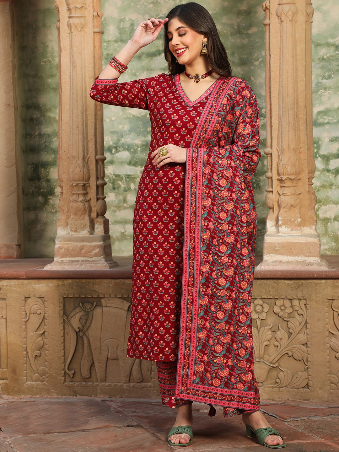 GULMOHAR JAIPUR EthnicMotifs Printed Mirror Work Pure Cotton Kurta with Trousers & Dupatta, Maroon 
GULMOHAR JAIPUR EthnicMotifs Printed Mirror Work Pure Cotton Kurta with Trousers & Dupatta, Maroon