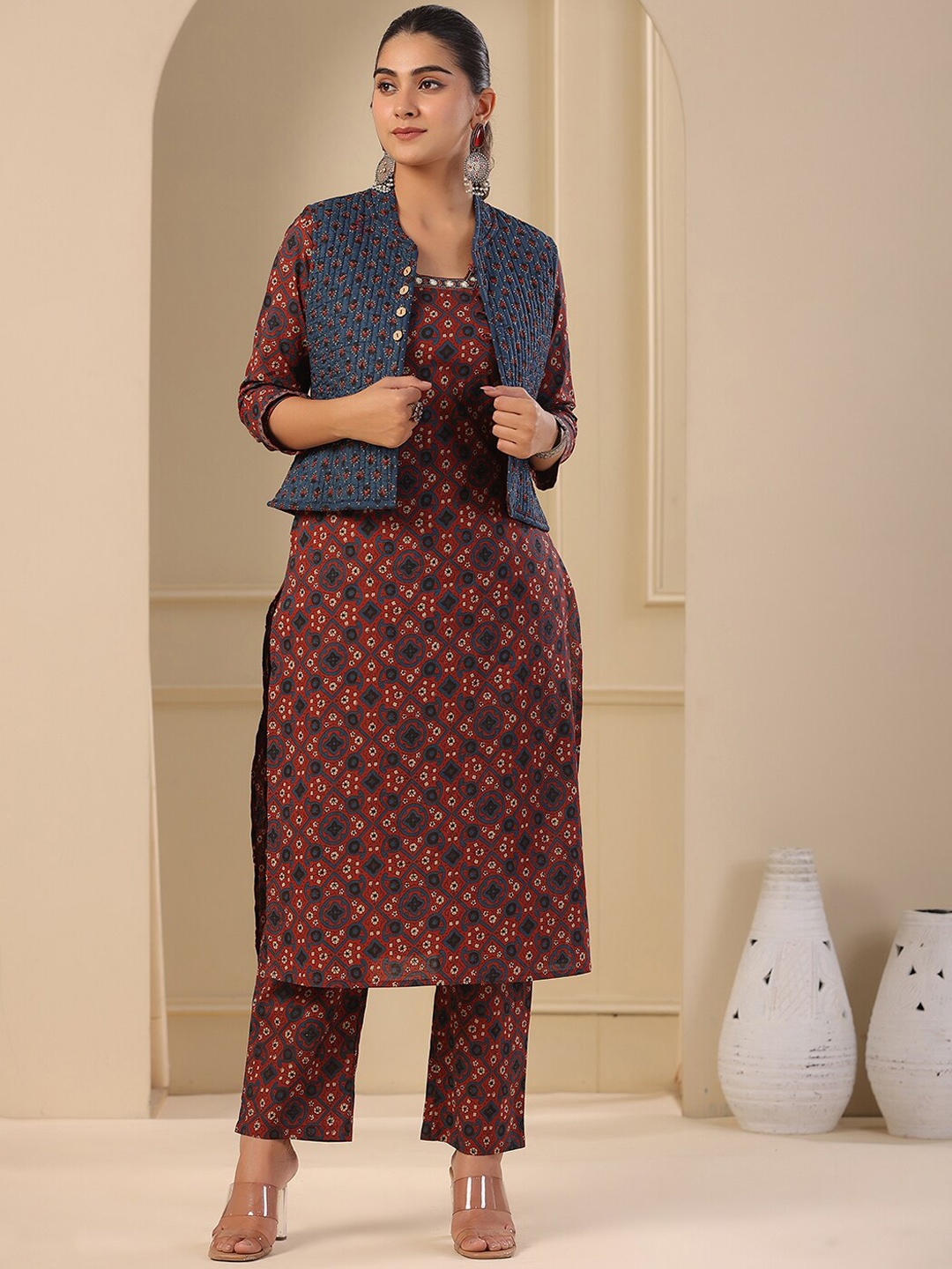 FASHOR Ethnic Motifs Printed Beads and Stones Pure Cotton Kurta With Trousers & Coat, Maroon
FASHOR Ethnic Motifs Printed Beads and Stones Pure Cotton Kurta With Trousers & Coat, Maroon