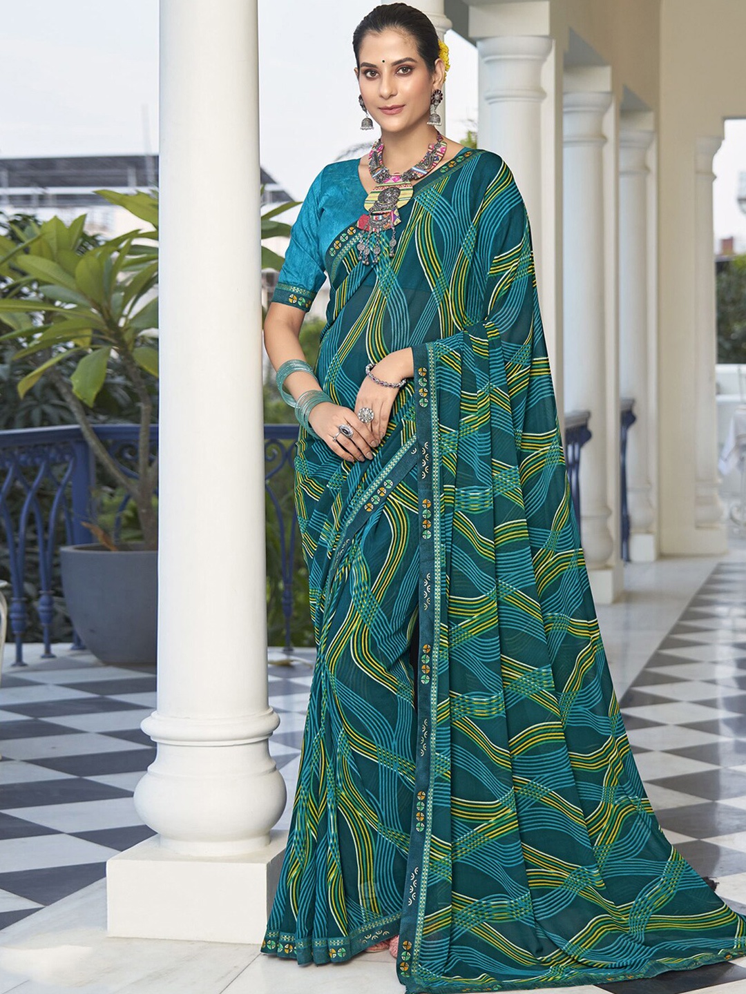 Mitera Teal Green Abstract Printed Gotta Patti Sungudi Saree