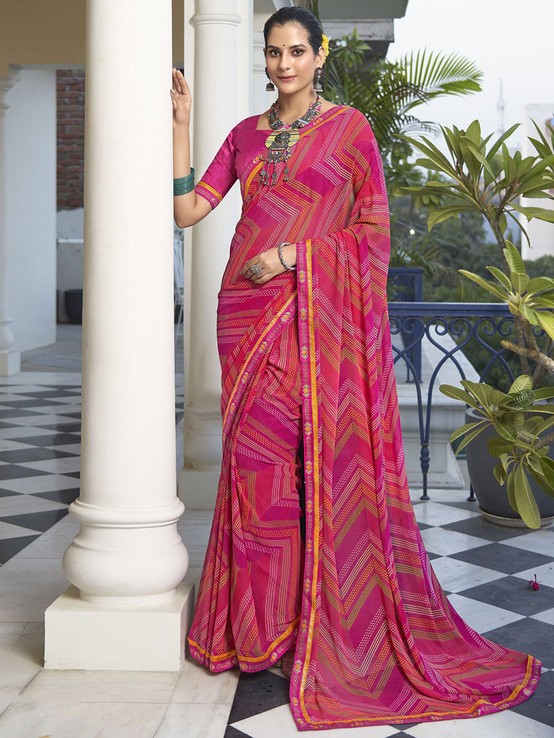 Mitera Geometric Printed Sungudi Saree, Pink 
Mitera Geometric Printed Sungudi Saree, Pink