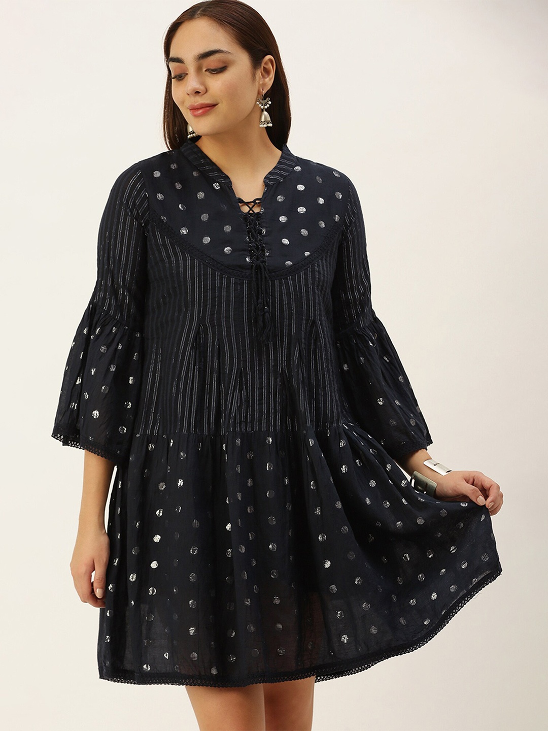 Shaily Ethnic Motifs Print Tie-Up Neck Bell Sleeve Cotton A-Line Ethnic Dress, Navy blue
Shaily Ethnic Motifs Print Tie-Up Neck Bell Sleeve Cotton A-Line Ethnic Dress, Navy blue