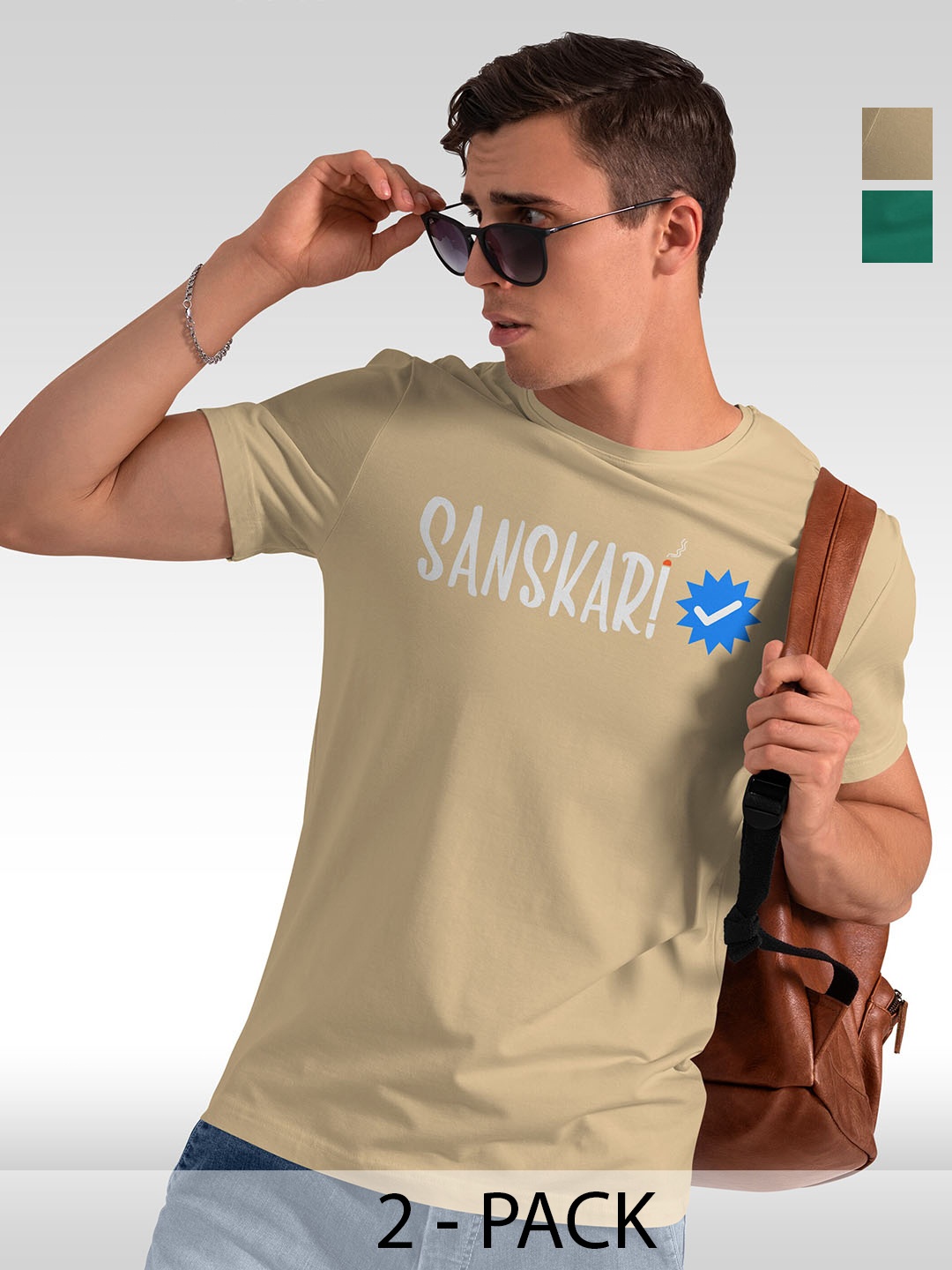 BAESD Pack Of 2 Typography Printed Round Neck Cotton Casual T-shirts, Beige