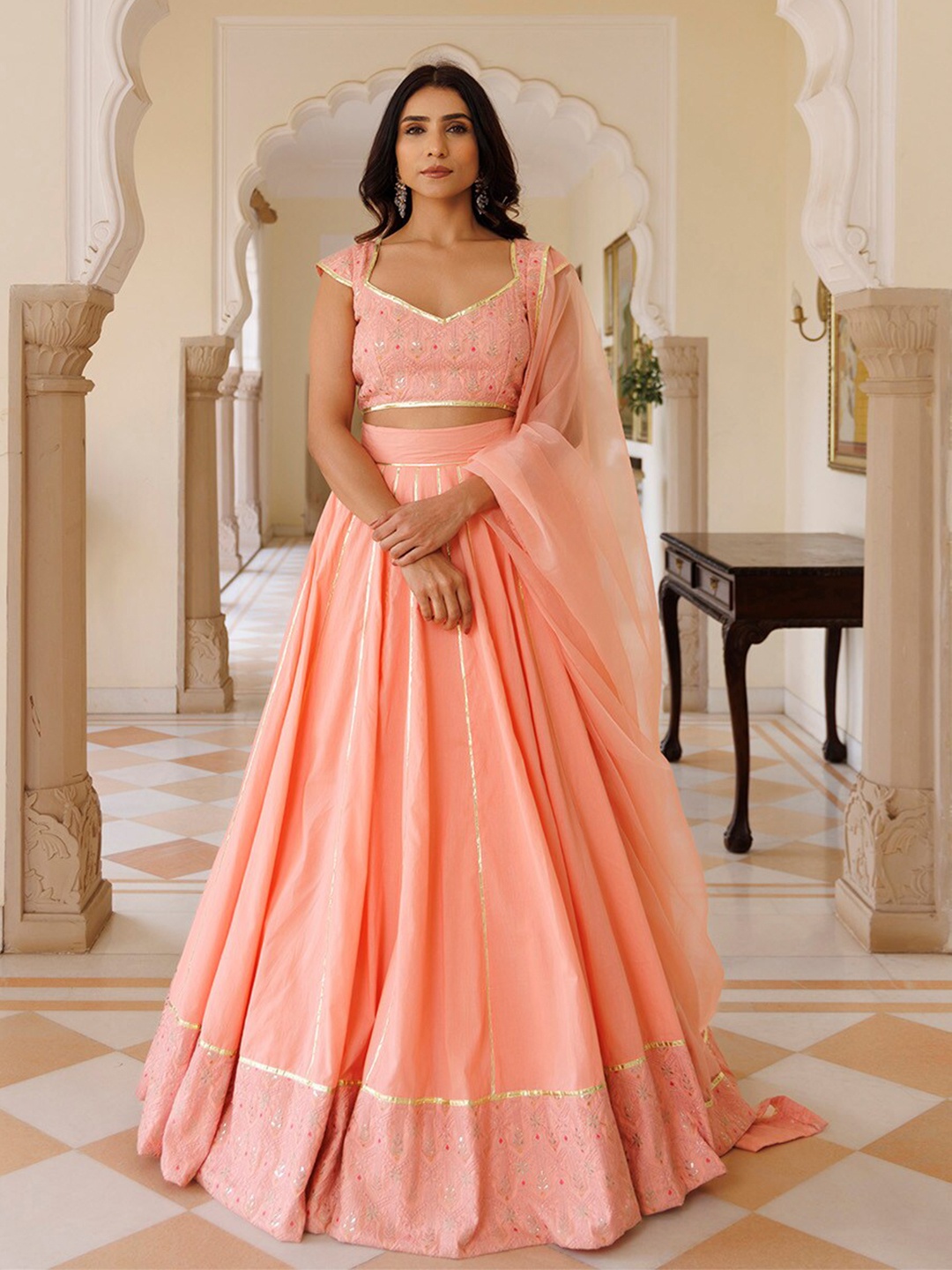 Ragavi Embroidered V-Neck Cotton Ready to Wear Lehenga & Blouse With Dupatta, Peach
Ragavi Embroidered V-Neck Cotton Ready to Wear Lehenga & Blouse With Dupatta, Peach