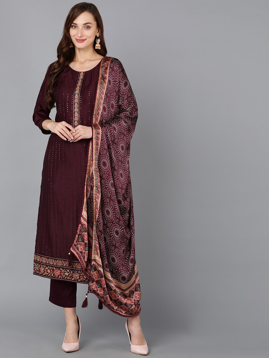 AHIKA Ethnic Motifs Embroidered Regular Sequinned Kurta With Trousers & Dupatta, Maroon
AHIKA Ethnic Motifs Embroidered Regular Sequinned Kurta With Trousers & Dupatta, Maroon