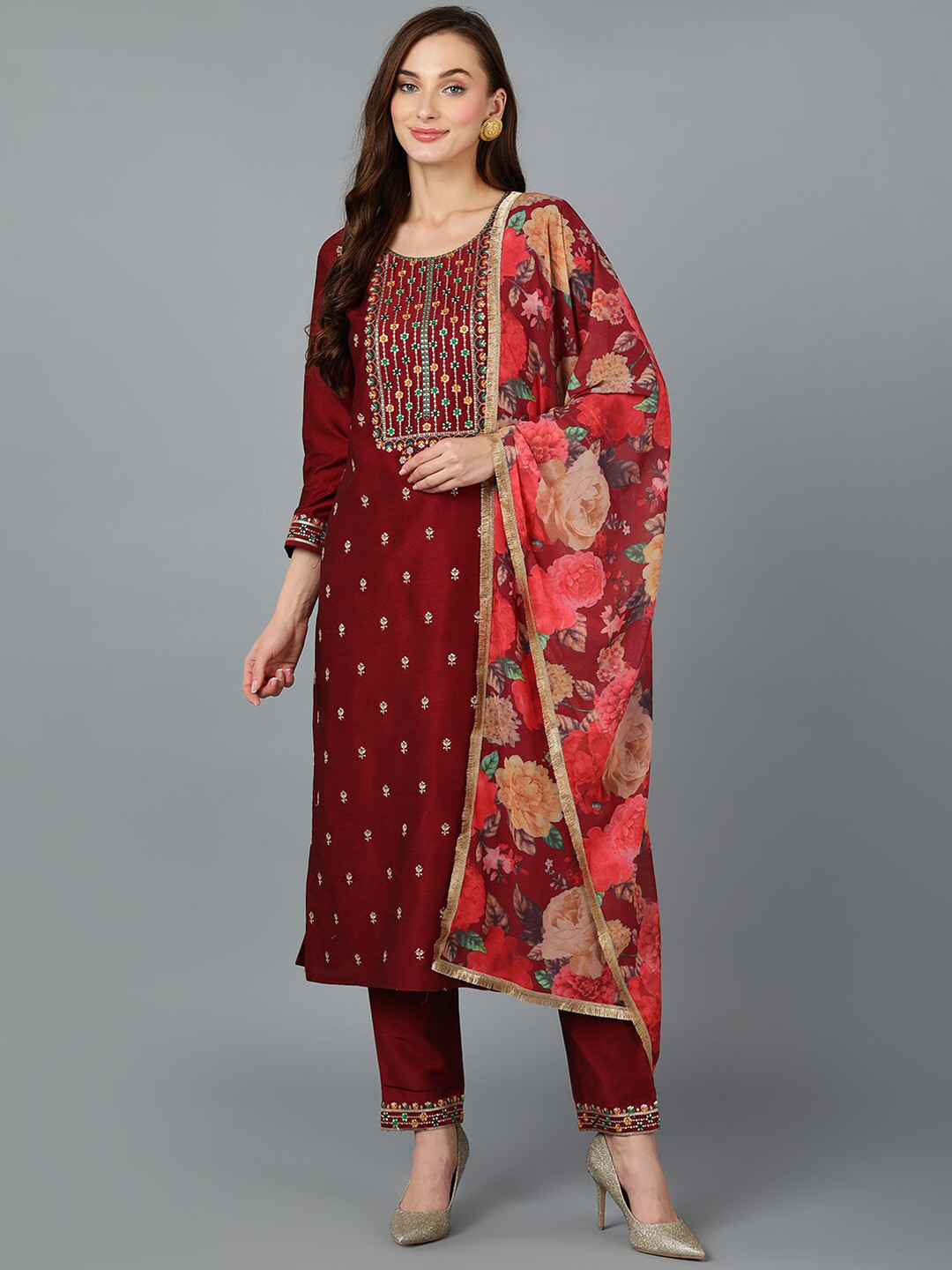 AHIKA Floral Embroidered Regular Thread Work Kurta With Trousers & Dupatta, Maroon
AHIKA Floral Embroidered Regular Thread Work Kurta With Trousers & Dupatta, Maroon
