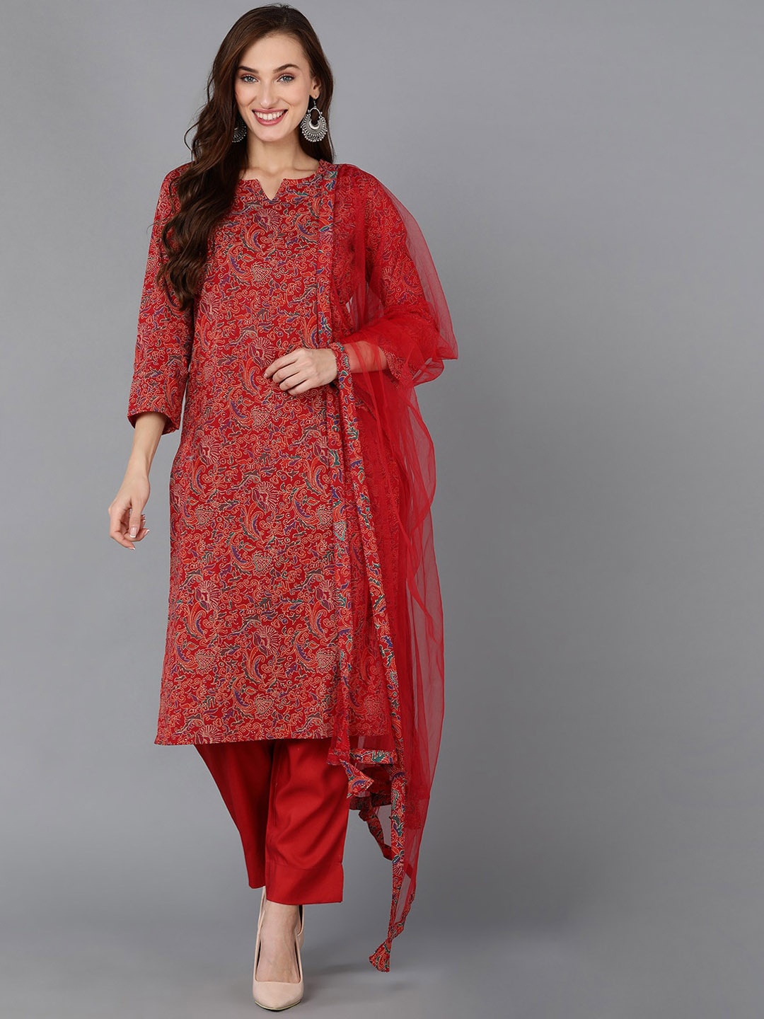 AHIKA Floral Printed Notch Neck Regular Sleeves Straight Kurta With Trousers & Dupatta, Red
AHIKA Floral Printed Notch Neck Regular Sleeves Straight Kurta With Trousers & Dupatta, Red