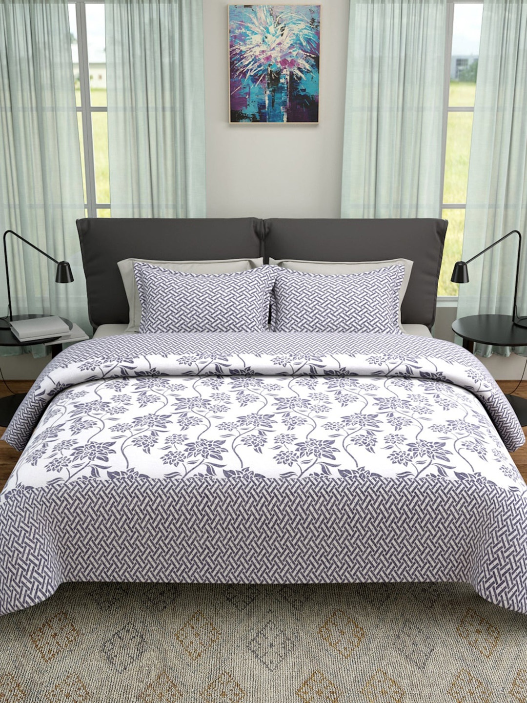Aura White Floral Woven Design 180 TC Reversible Double Queen Bed Cover & 2 Pillow Covers, Grey
Aura White Floral Woven Design 180 TC Reversible Double Queen Bed Cover & 2 Pillow Covers, Grey