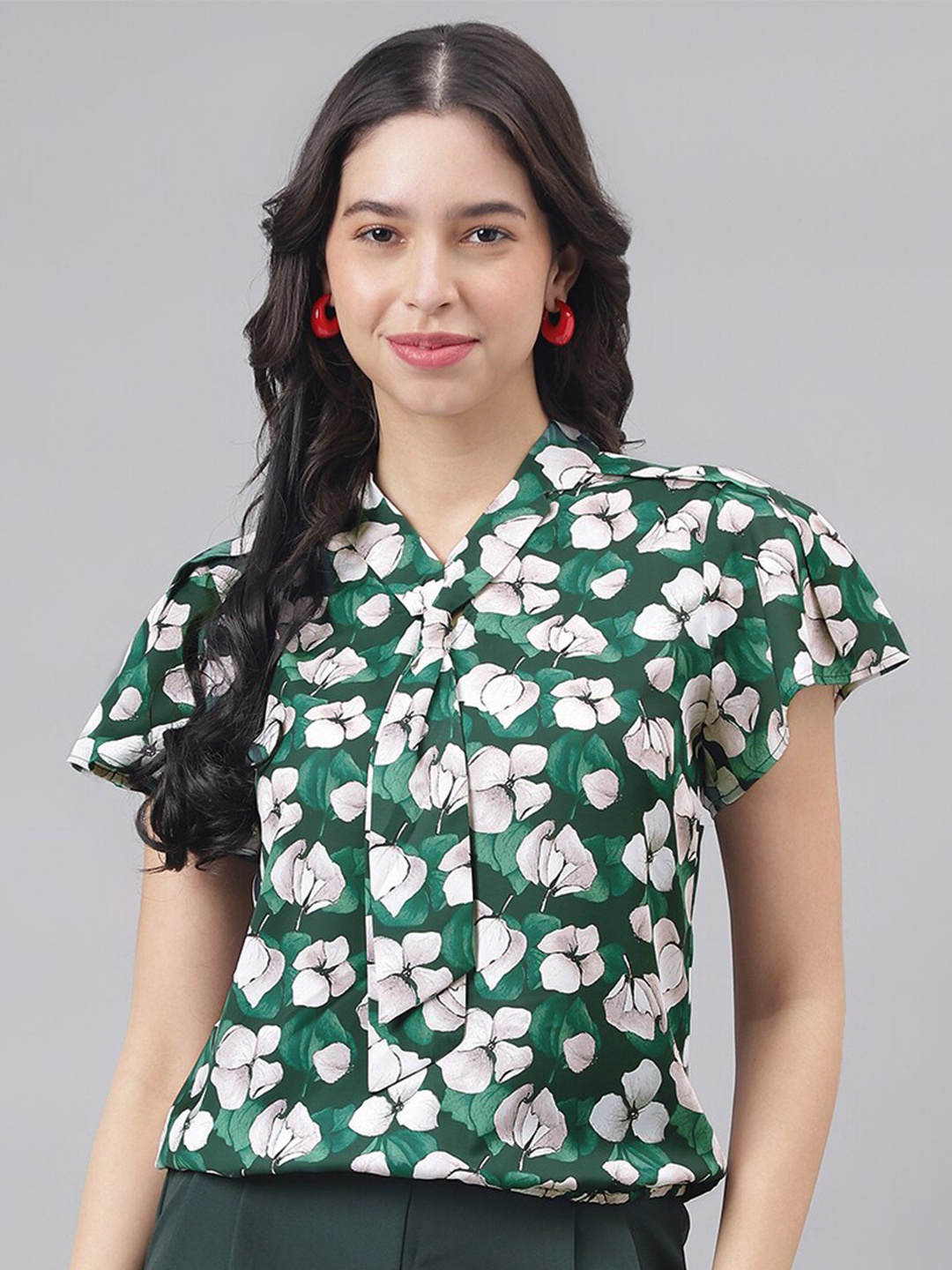 Latin Quarters Floral Printed Tie-Up Neck Flutter Sleeves Shirt Style Top, Green
Latin Quarters Floral Printed Tie-Up Neck Flutter Sleeves Shirt Style Top, Green