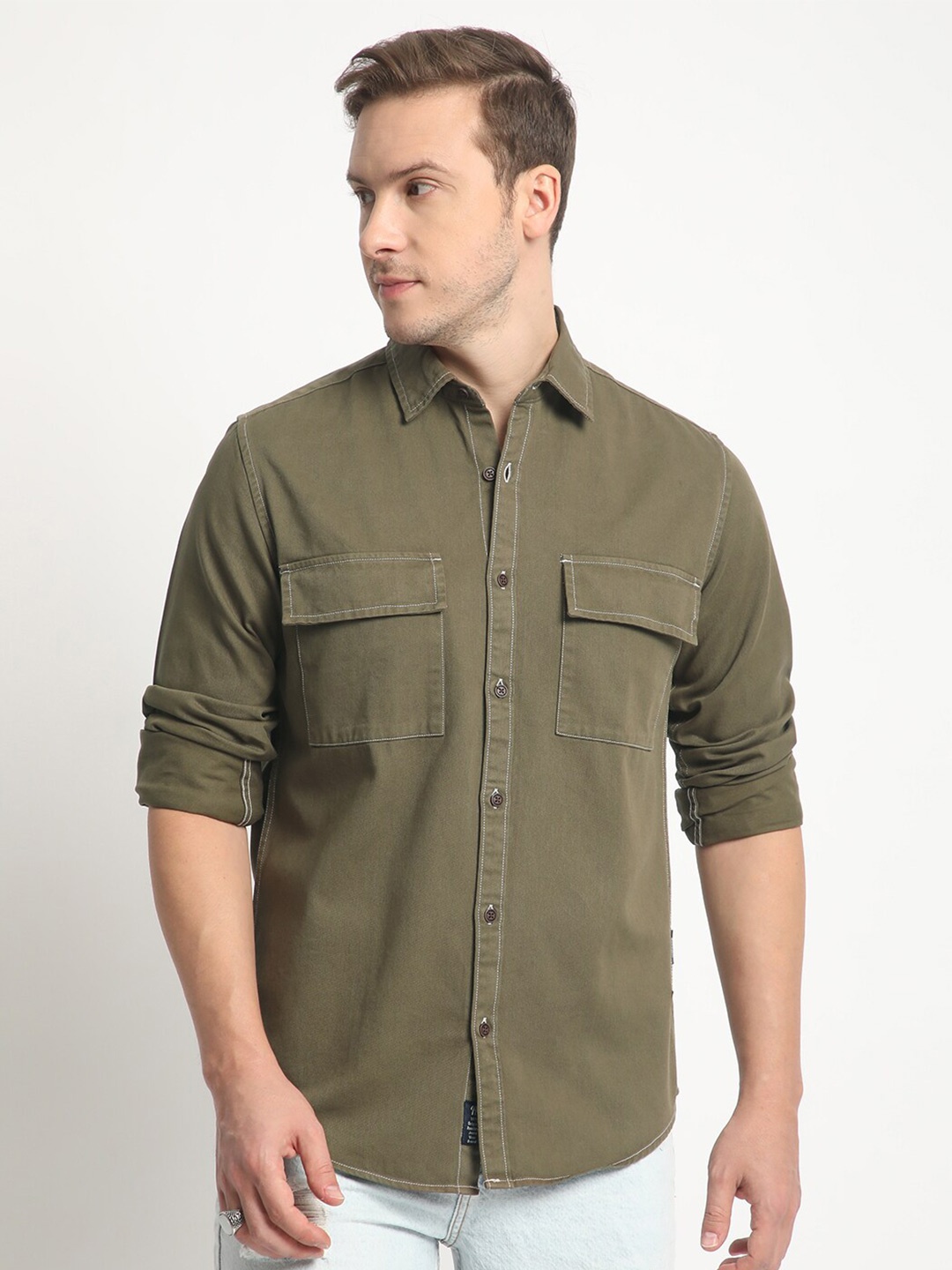 The Roadster Lifestyle Co. Men Pure Cotton Spread Collar Casual Shirt with Contrast Stitch, Olive
The Roadster Lifestyle Co. Men Pure Cotton Spread Collar Casual Shirt with Contrast Stitch, Olive