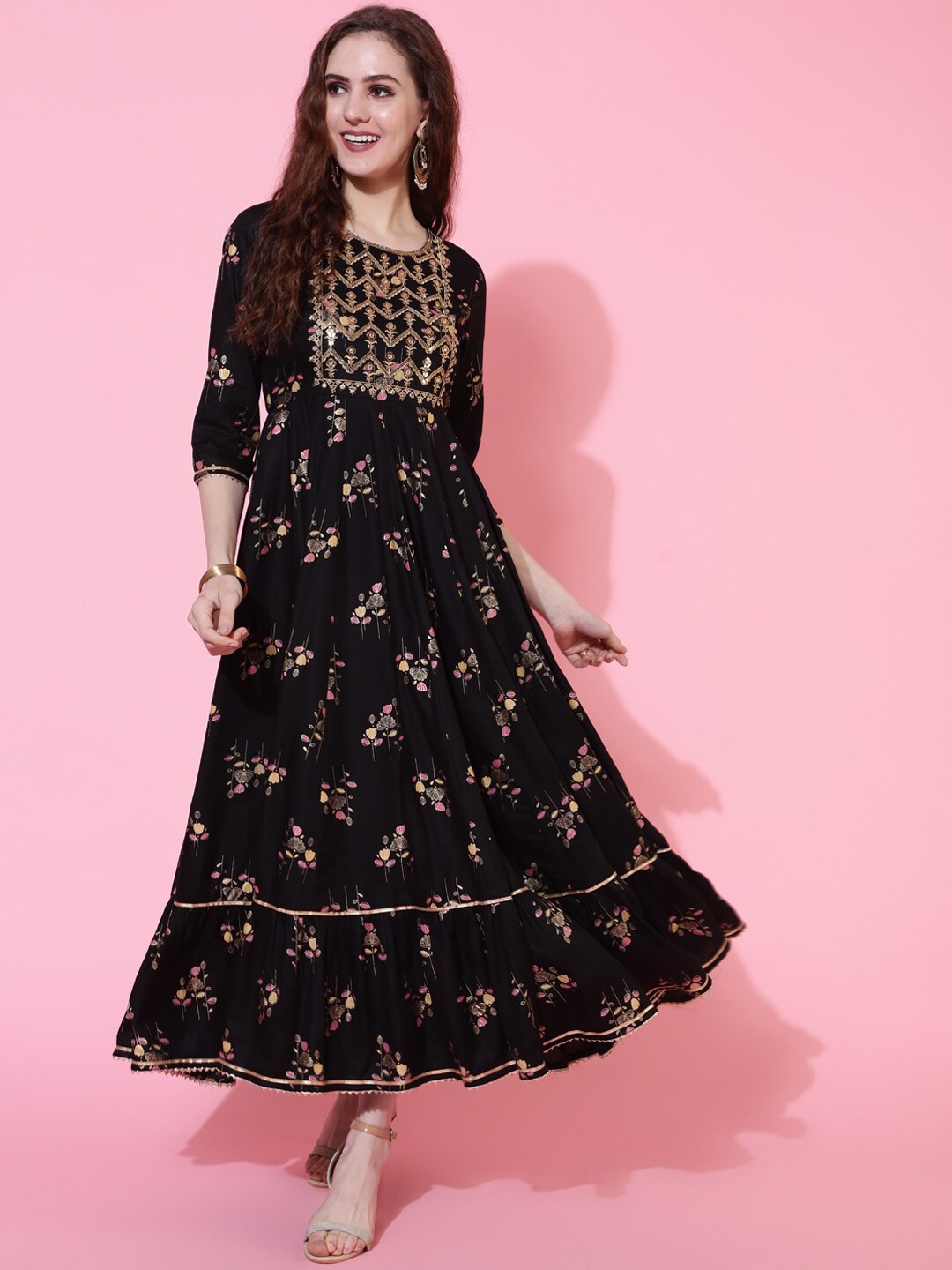 GULMOHAR JAIPUR Floral Printed Sequinned Tiered Detail Fit and Flare Maxi Ethnic Dress, Black
GULMOHAR JAIPUR Floral Printed Sequinned Tiered Detail Fit and Flare Maxi Ethnic Dress, Black