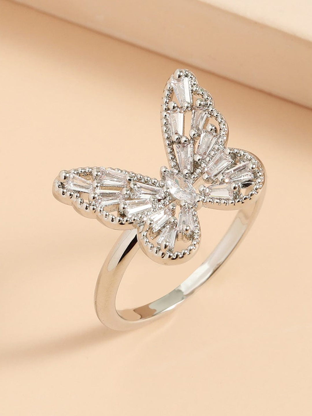 RARE1STUDIO Silver-Plated Cubic Zirconia-Studded Adjustable Butterfly Finger Ring