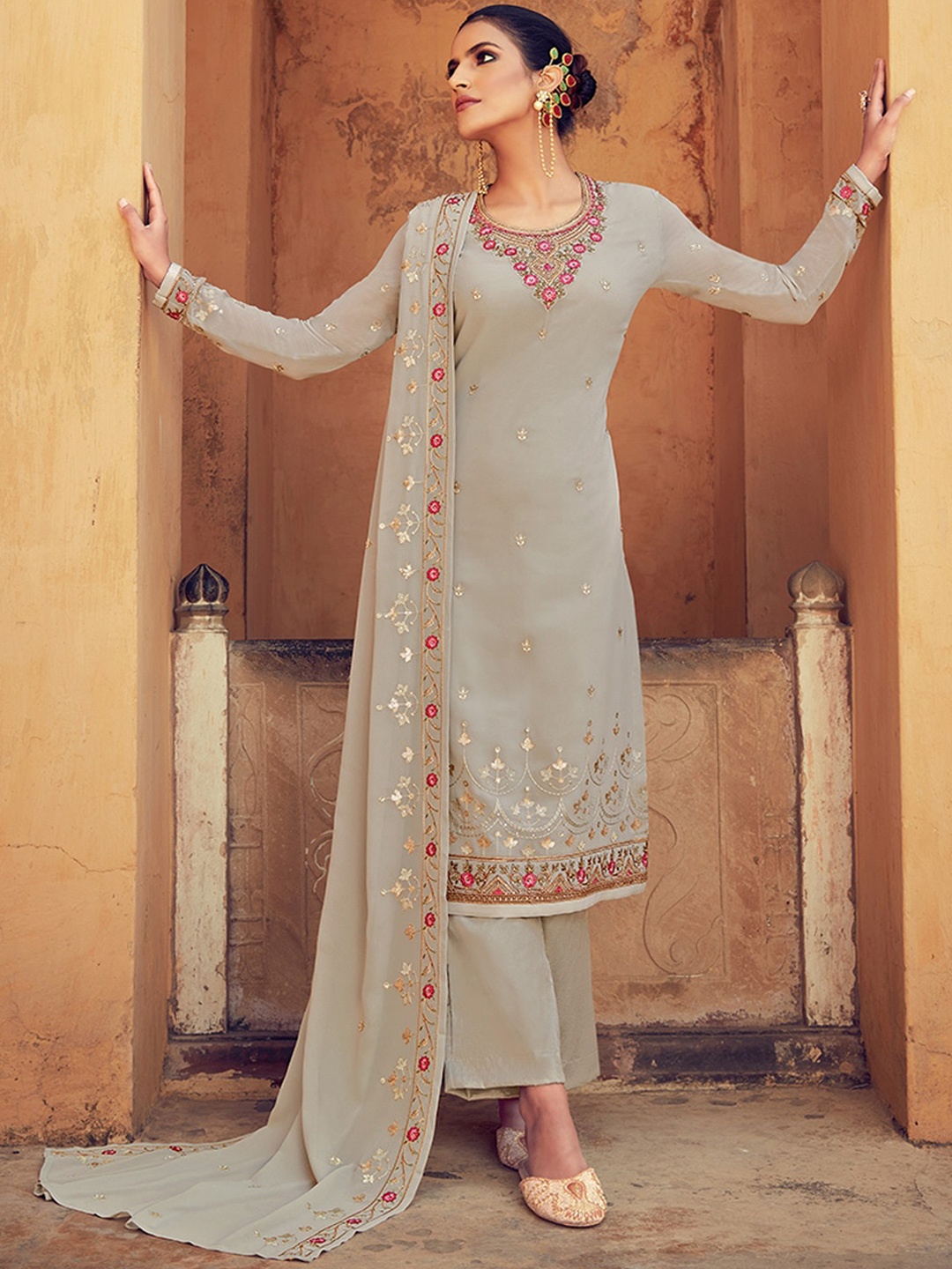 KALINI Floral Embroidered Regular Silk Georgette Kurta with Palazzos & With Dupatta, Grey
KALINI Floral Embroidered Regular Silk Georgette Kurta with Palazzos & With Dupatta, Grey