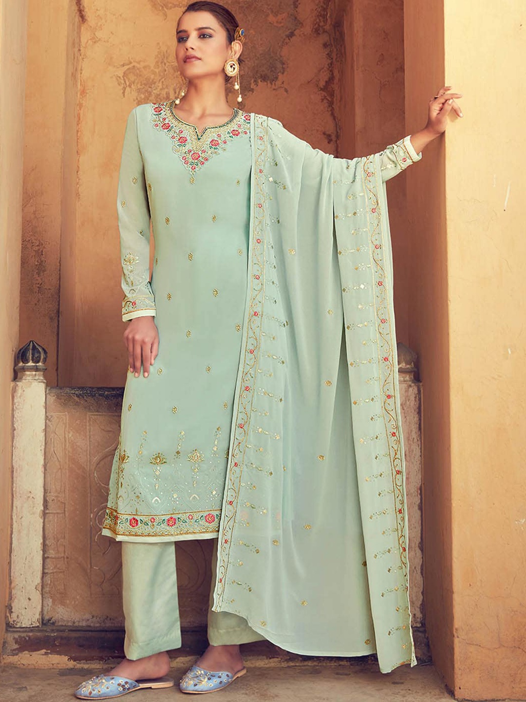 KALINI Floral Embroidered Regular Silk Georgette Kurta with Trousers & Dupatta, Green
KALINI Floral Embroidered Regular Silk Georgette Kurta with Trousers & Dupatta, Green