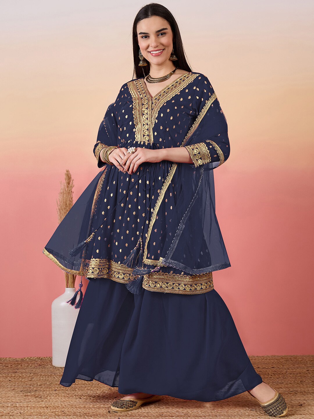 BLACK SCISSOR Ethnic Motifs Embroidered Sequinned Pure Cotton Anarkali Pleated Kurta Set, Navy blue
BLACK SCISSOR Ethnic Motifs Embroidered Sequinned Pure Cotton Anarkali Pleated Kurta Set, Navy blue