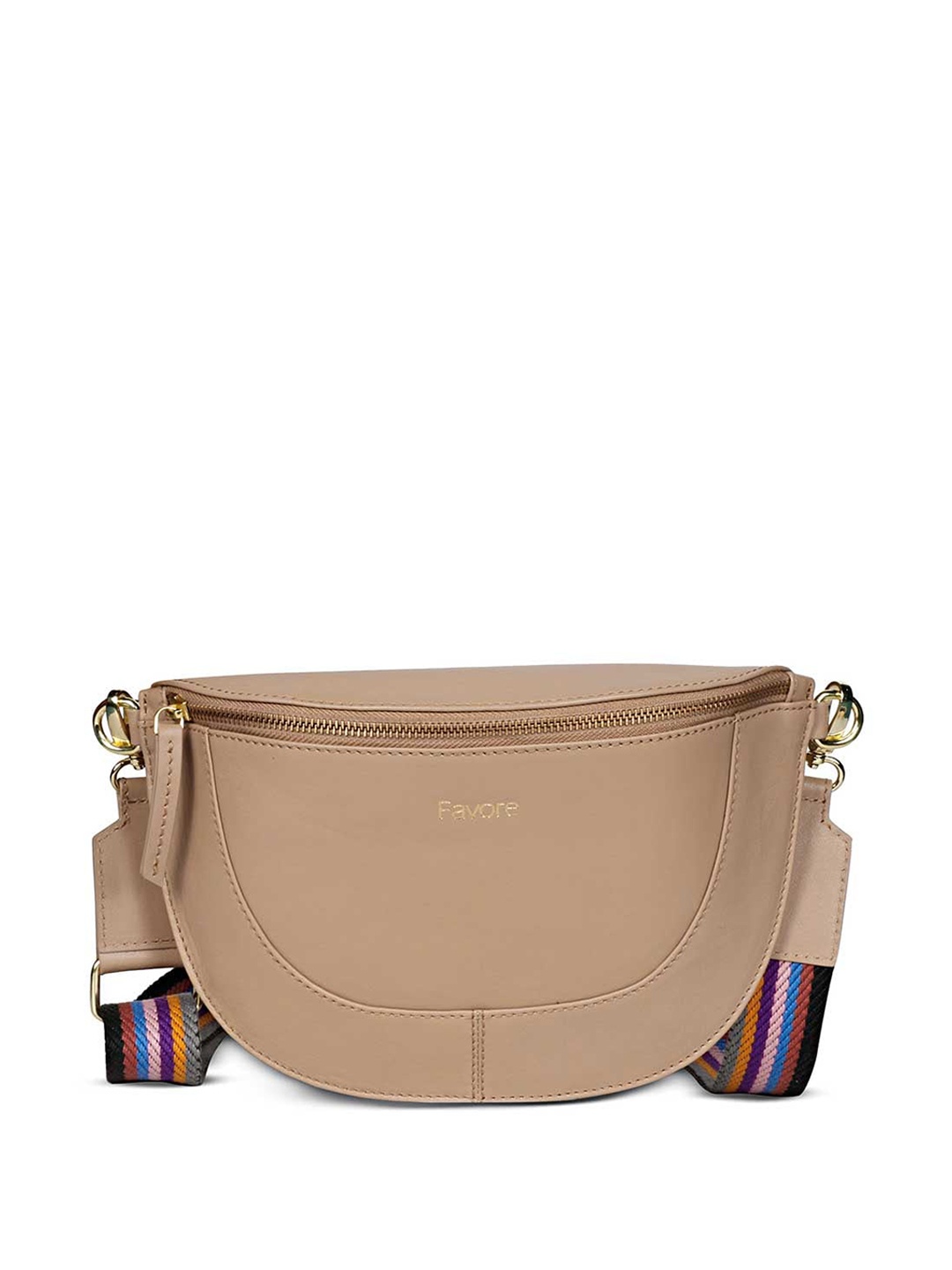 Favore Leather Half Moon Sling Bag, Beige