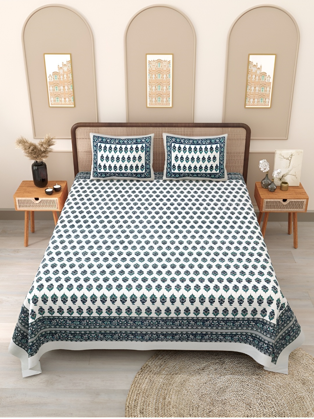 Block Print Story Blue Ethnic Motifs 210 TC Cotton Queen Bedsheet with 2 Pillow Covers
Block Print Story Blue Ethnic Motifs 210 TC Cotton Queen Bedsheet with 2 Pillow Covers