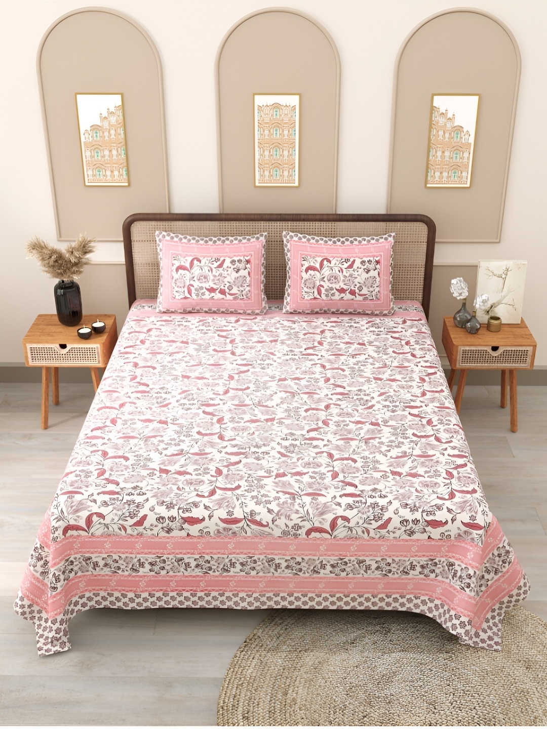 Block Print Story Grey & Pink Floral 210 TC Cotton Queen Bedsheet with 2 Pillow Covers
Block Print Story Grey & Pink Floral 210 TC Cotton Queen Bedsheet with 2 Pillow Covers