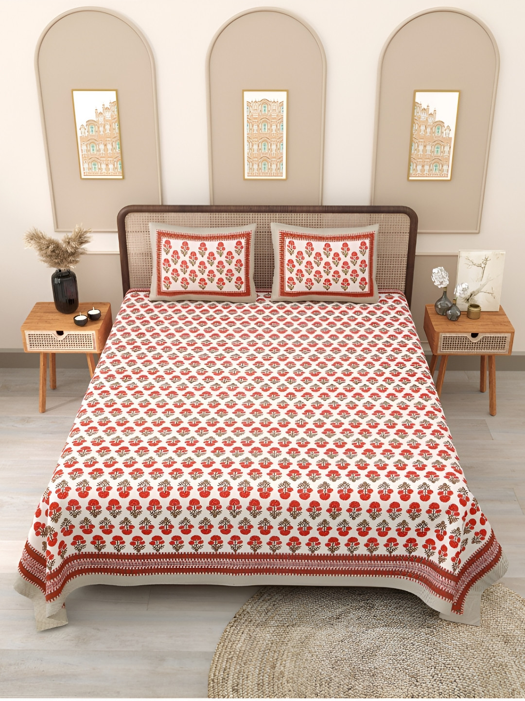 Block Print Story Red & White Floral 210 TC Cotton Queen Bedsheet with 2 Pillow Covers
Block Print Story Red & White Floral 210 TC Cotton Queen Bedsheet with 2 Pillow Covers