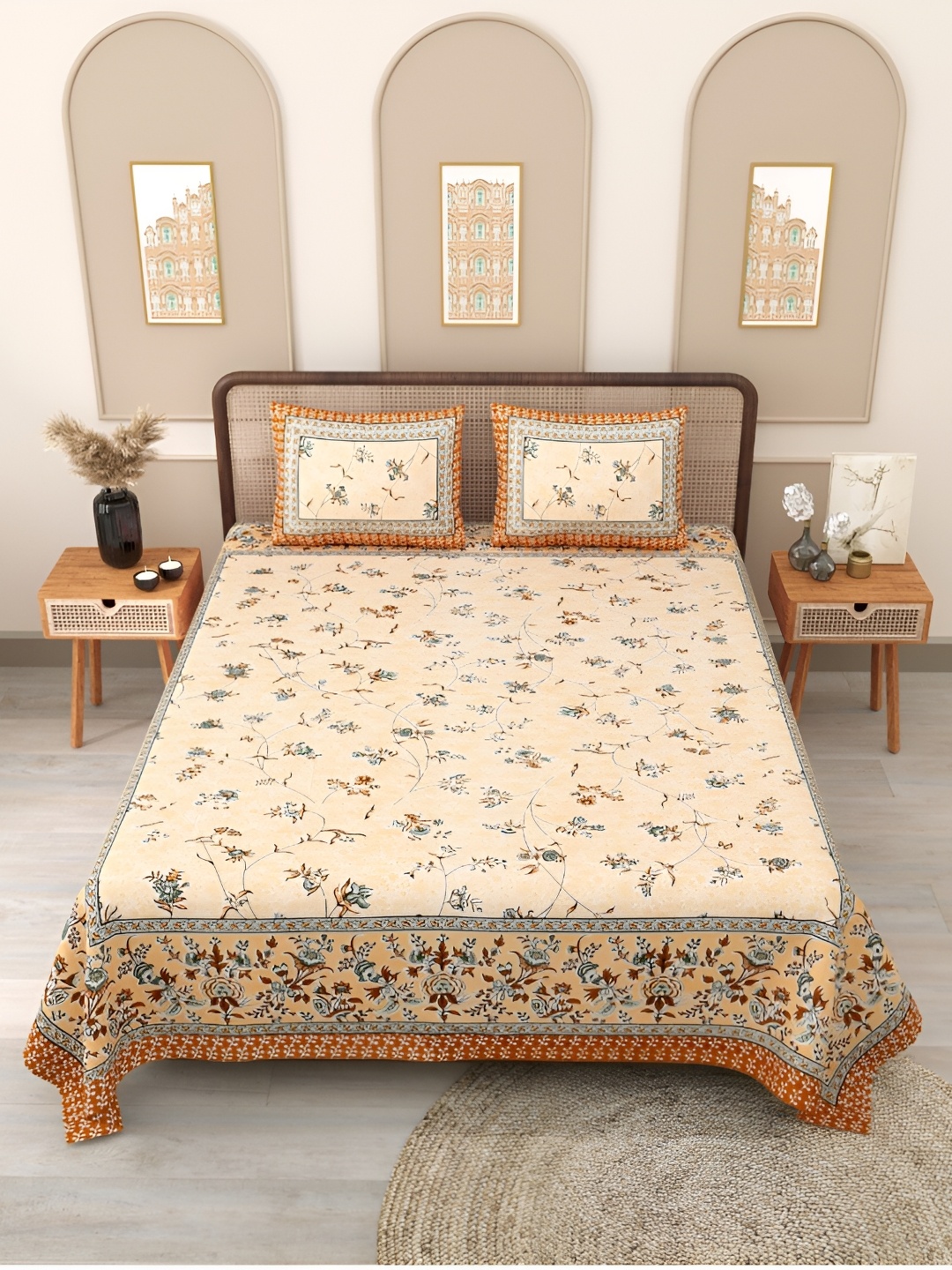 Block Print Story Orange & Grey Floral 210 TC Cotton Queen Bedsheet with 2 Pillow Covers
Block Print Story Orange & Grey Floral 210 TC Cotton Queen Bedsheet with 2 Pillow Covers