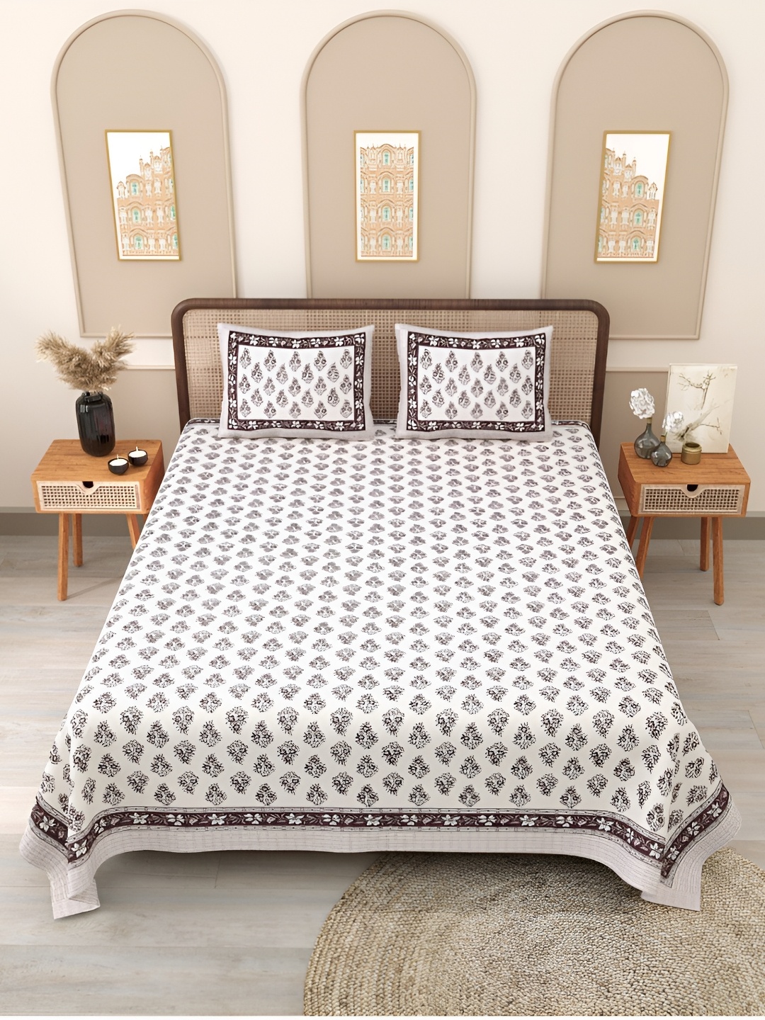 Block Print Story Brown & White Floral 210 TC Cotton Queen Bedsheet with 2 Pillow Covers
Block Print Story Brown & White Floral 210 TC Cotton Queen Bedsheet with 2 Pillow Covers