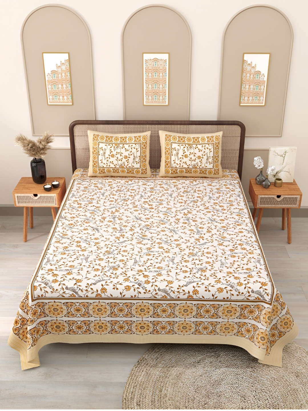 Block Print Story Yellow & White Floral 210 TC Cotton Queen Bedsheet with 2 Pillow Covers
Block Print Story Yellow & White Floral 210 TC Cotton Queen Bedsheet with 2 Pillow Covers