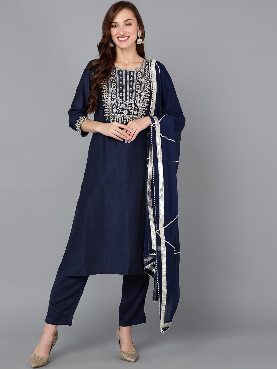 AHIKA Navy Blue Ethnic Motif Yoke Design Thread Work Straight Kurta & Trouser With Dupatta
AHIKA Navy Blue Ethnic Motif Yoke Design Thread Work Straight Kurta & Trouser With Dupatta