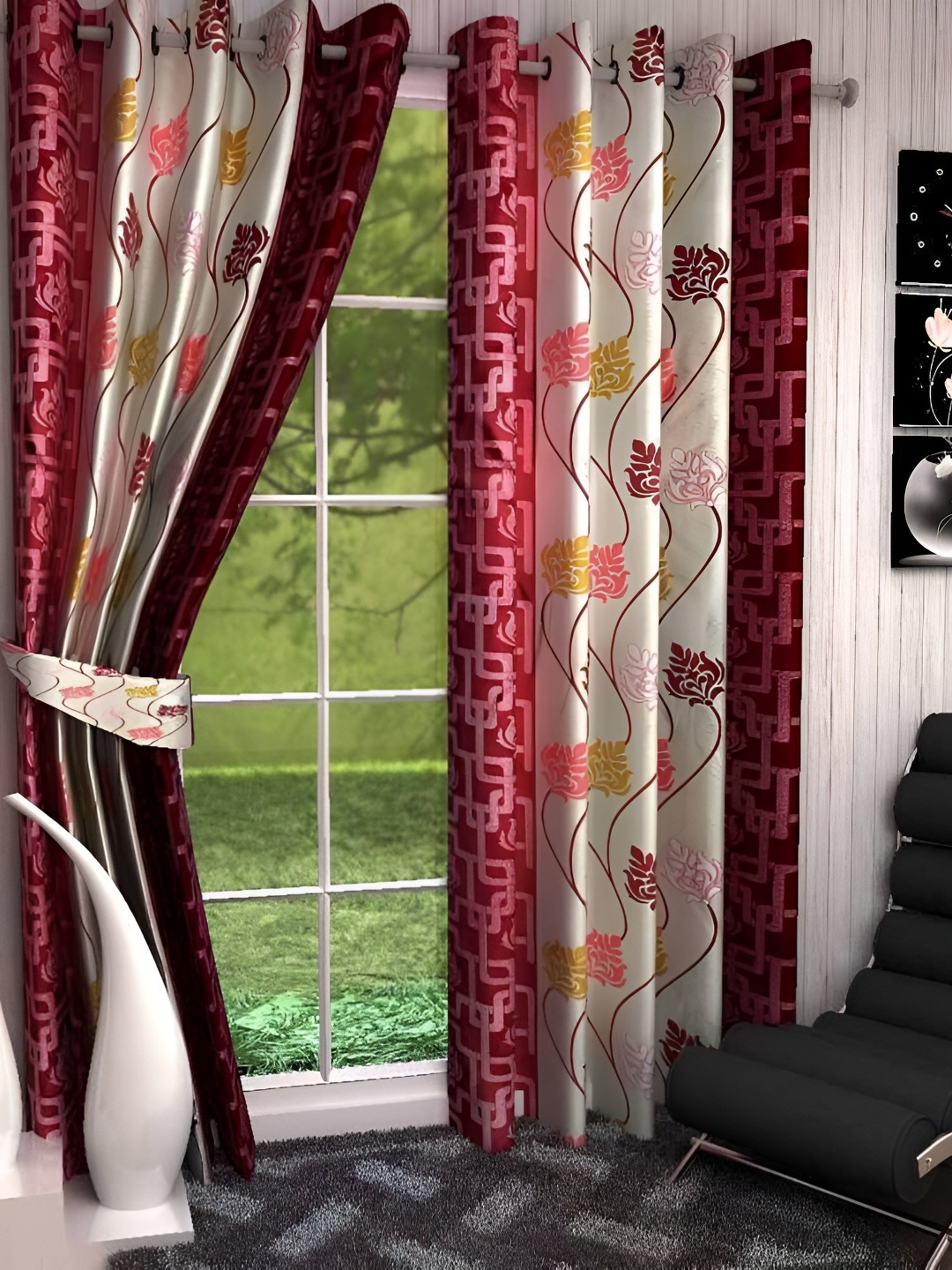 Galaxy Home Decor Maroon 2 Pieces Floral Printed Room Darkening Door Curtains