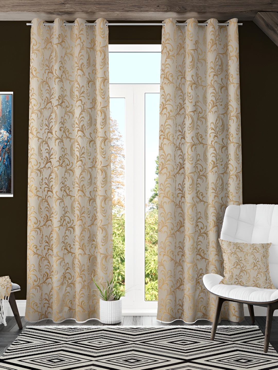 Galaxy Home Decor Beige Set of 3 Floral Room Darkening Door Curtain