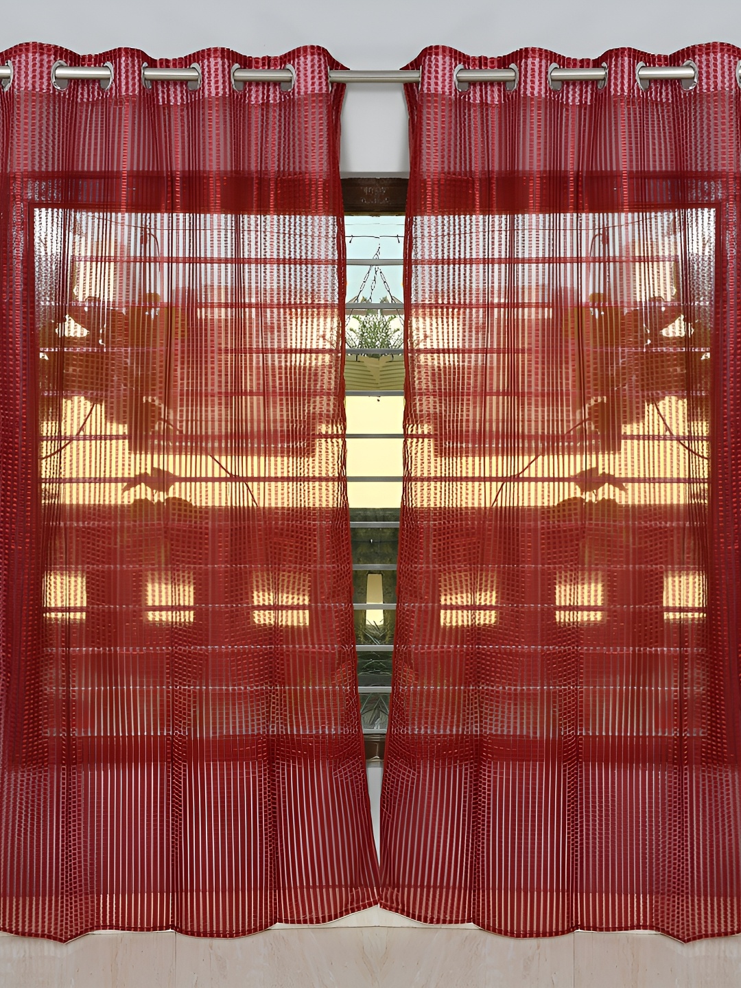 Galaxy Home Decor Maroon 2 Pieces Striped Room Darkening Window Curtain