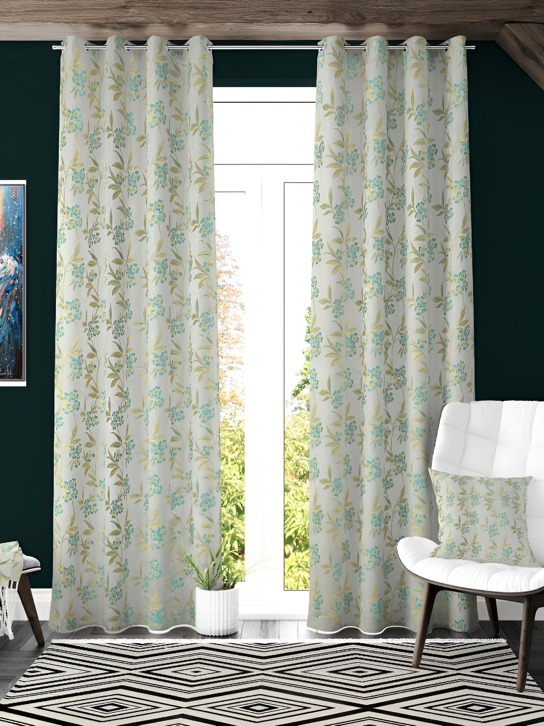 Galaxy Home Decor Turquoise Blue Set of 3 Floral Room Darkening Window Curtain