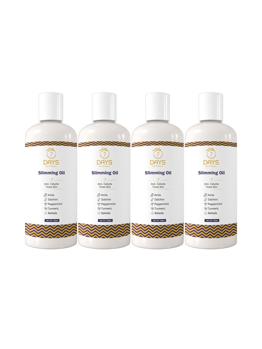 7 DAYS Feel Of Nature Set Of 4 Anti-Cellulite Slimming Oil With Amla - 100ml Each, White
7 DAYS Feel Of Nature Set Of 4 Anti-Cellulite Slimming Oil With Amla - 100ml Each, White